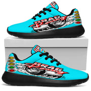 Custom Carolina Blue drag racing sneakers with breathable mesh for track performance.