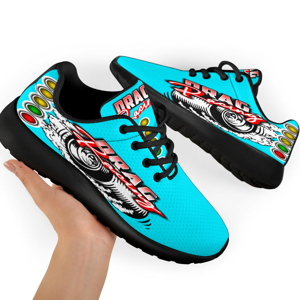Custom Carolina Blue drag racing sneakers with breathable mesh for track performance.