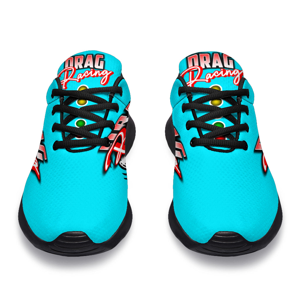 Custom Carolina Blue drag racing sneakers with breathable mesh for track performance.