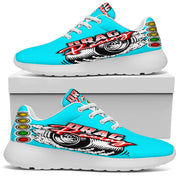 Custom Carolina Blue drag racing sneakers with breathable mesh for track performance.