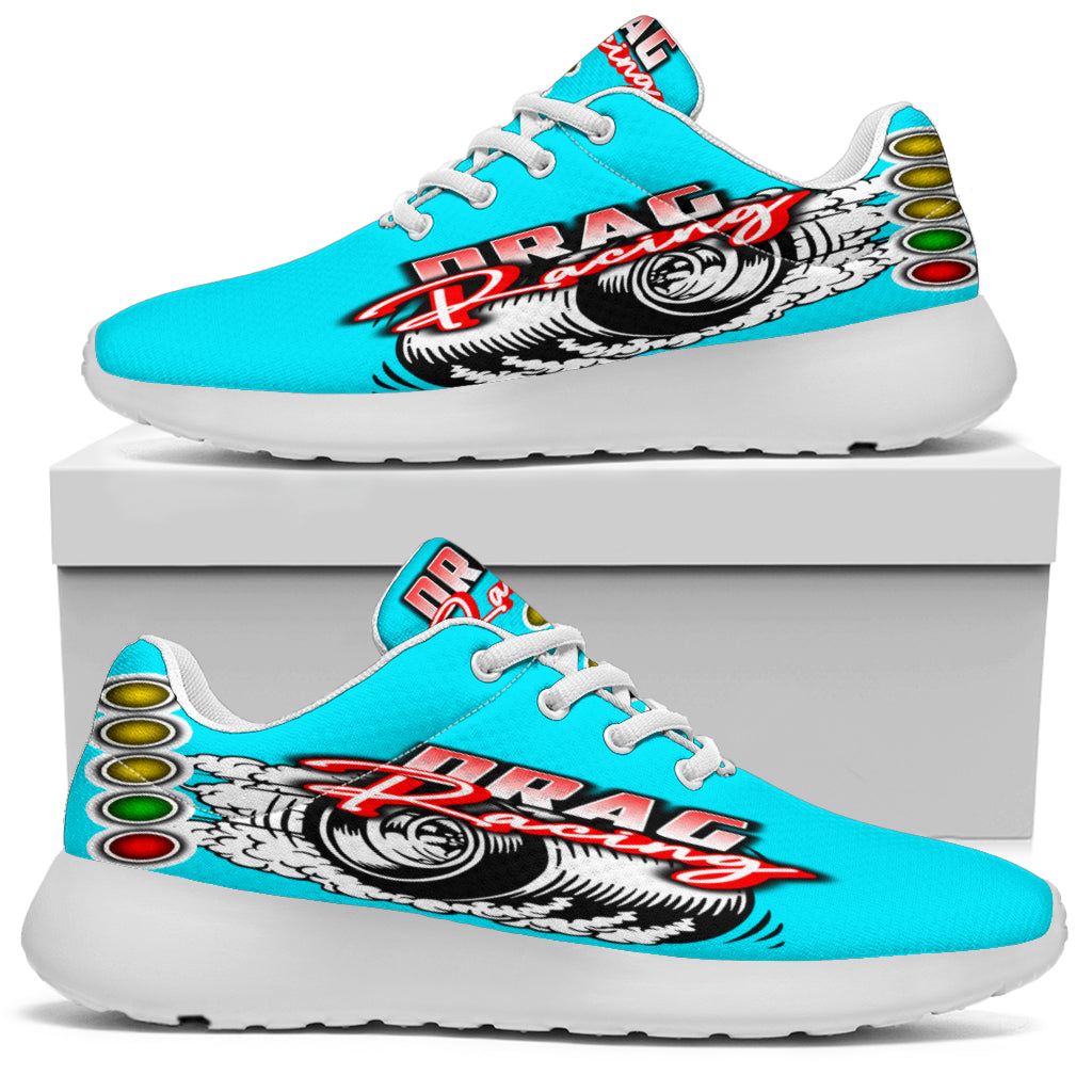 Custom Carolina Blue drag racing sneakers with breathable mesh for track performance.