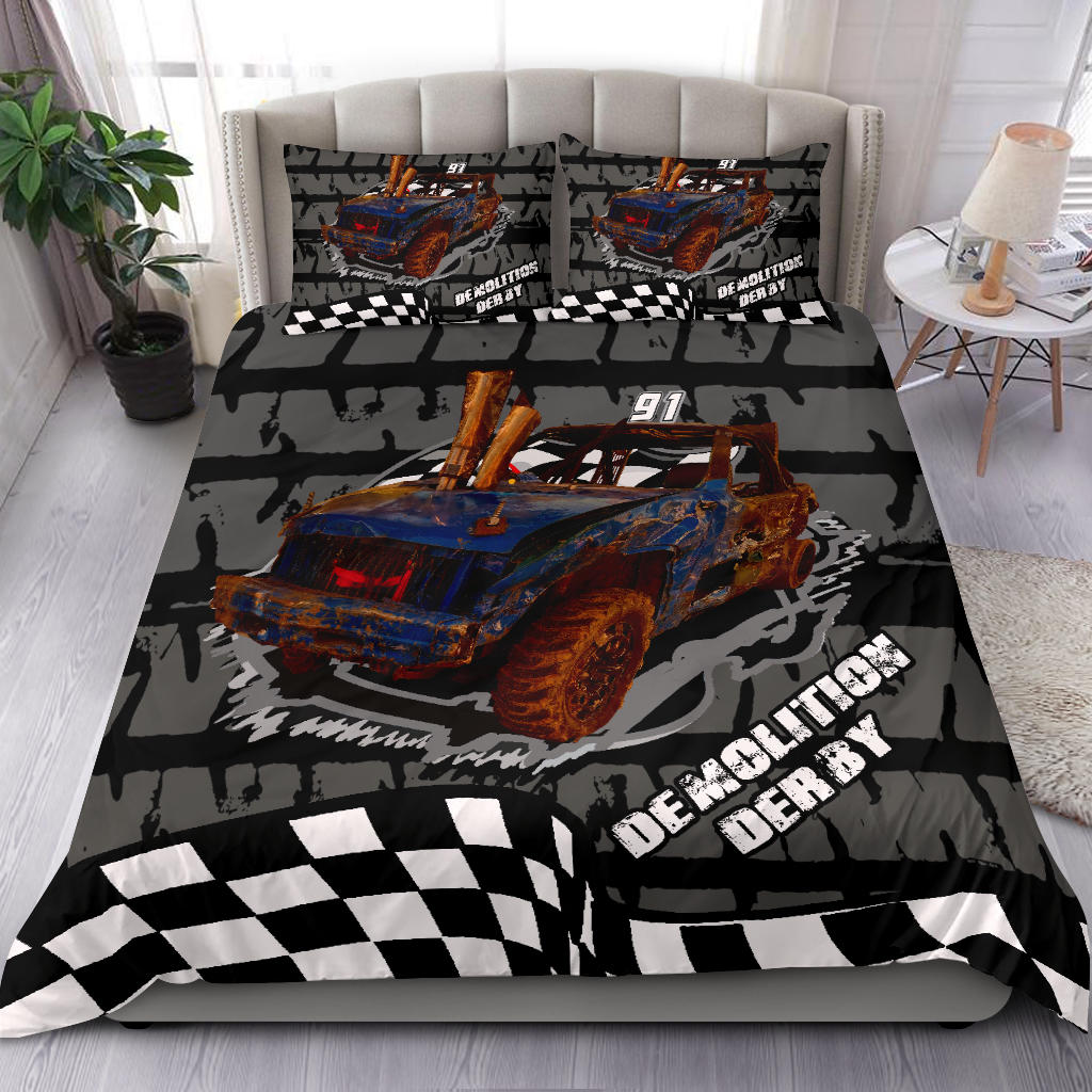 A bedding set with a graphic print of a demolition derby car and the text 'DEMOLITION DERBY' on a black and white checkered background.
