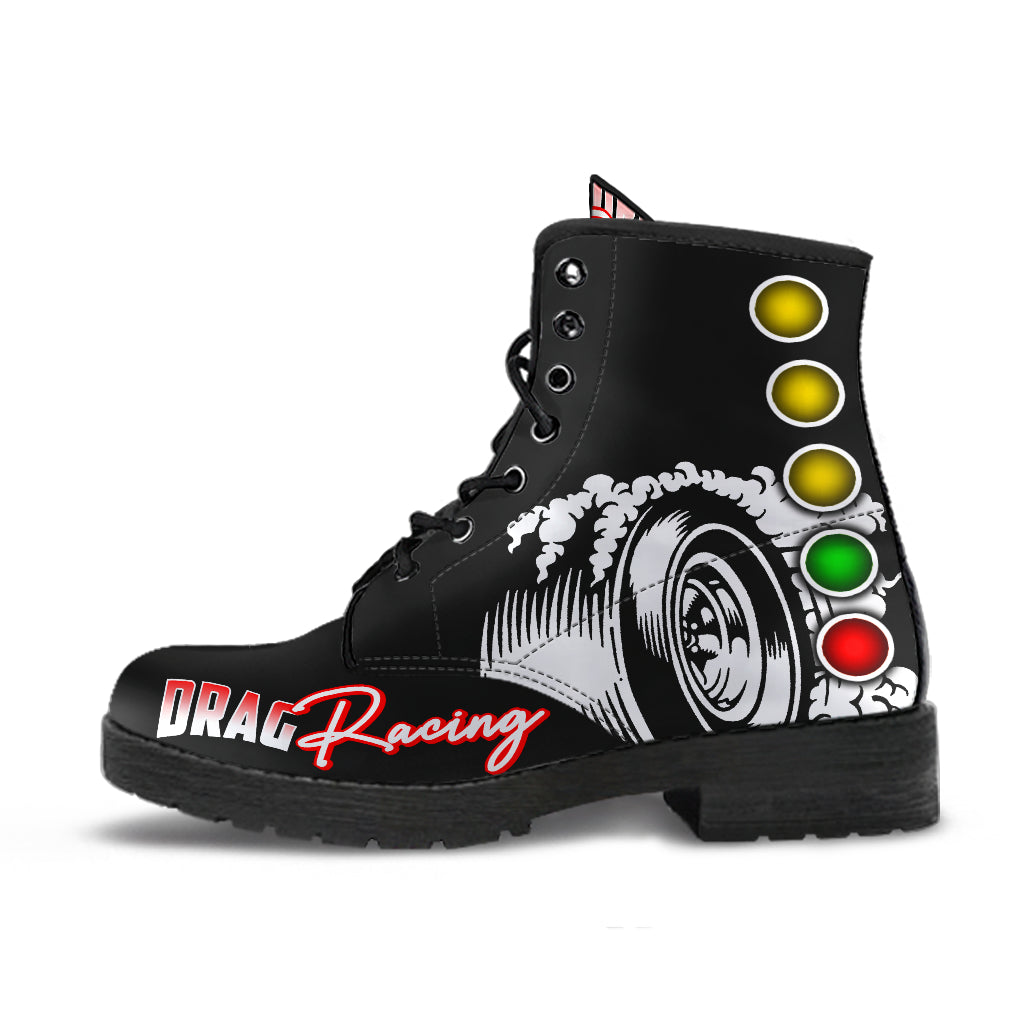 Custom Drag Racing Boots featuring a double-sided motorsports print, vegan leather construction, and high-traction rubber outsoles for drag racing enthusiasts.