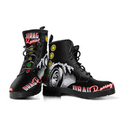 Custom Drag Racing Boots featuring a double-sided motorsports print, vegan leather construction, and high-traction rubber outsoles for drag racing enthusiasts.