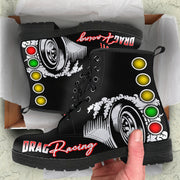Custom Drag Racing Boots featuring a double-sided motorsports print, vegan leather construction, and high-traction rubber outsoles for drag racing enthusiasts.