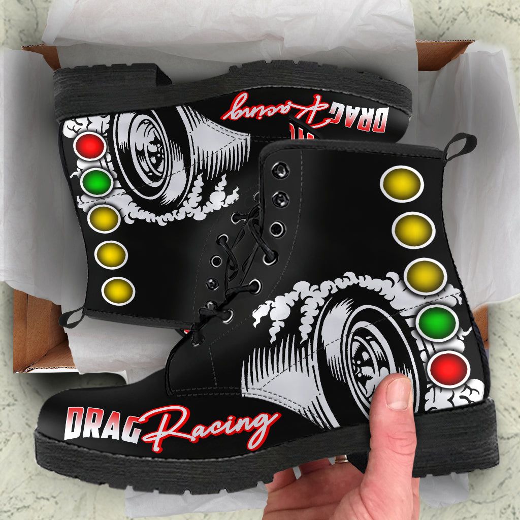 Custom Drag Racing Boots featuring a double-sided motorsports print, vegan leather construction, and high-traction rubber outsoles for drag racing enthusiasts.