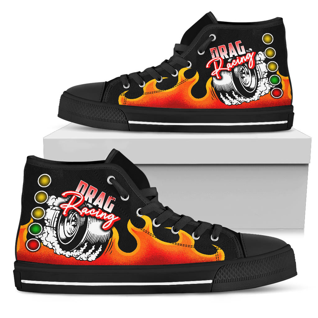 Custom Drag Racing High Top Shoes featuring a classic canvas design, lace-up closure, and motorsports styling for trackside and everyday wear.