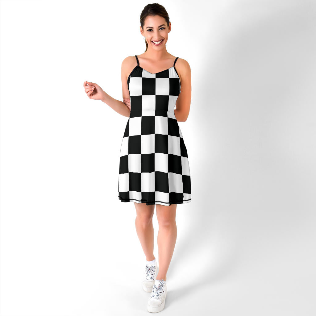 Custom Racing Checkered Flag Sling Dress featuring a lightweight polyester-spandex blend, high-definition checkered print, and a figure-flattering silhouette for motorsports fans.