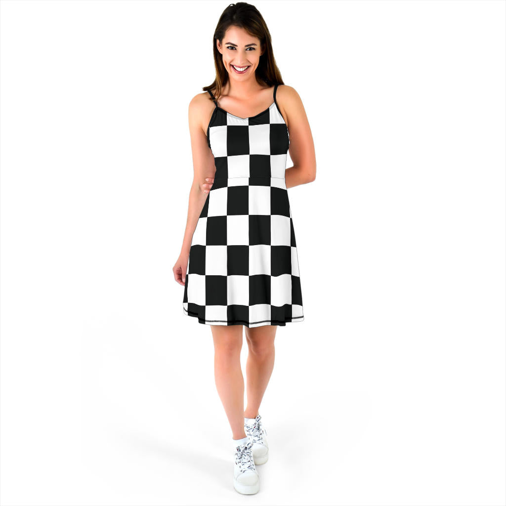 Custom Racing Checkered Flag Sling Dress featuring a lightweight polyester-spandex blend, high-definition checkered print, and a figure-flattering silhouette for motorsports fans.