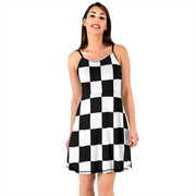 Custom Racing Checkered Flag Sling Dress featuring a lightweight polyester-spandex blend, high-definition checkered print, and a figure-flattering silhouette for motorsports fans.