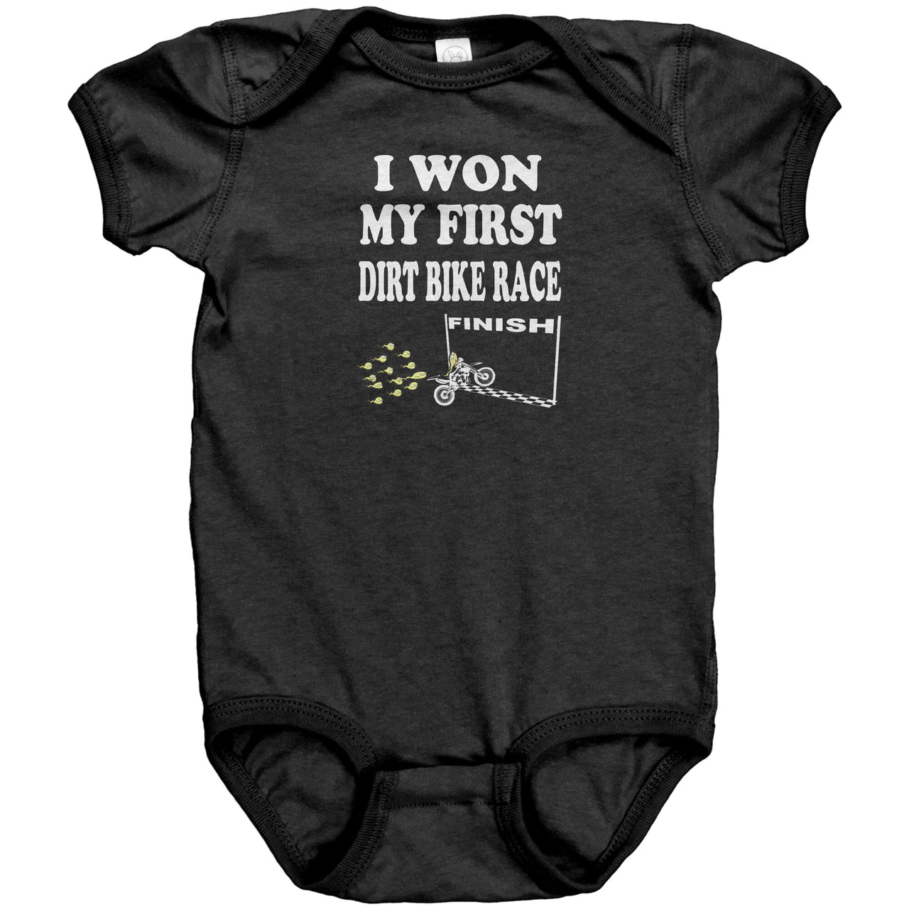 Cute baby onesies and toddler shirts featuring the "I Won My First Dirt Bike Race" graphic, crafted from ultra-soft ringspun cotton for future motocross champions.