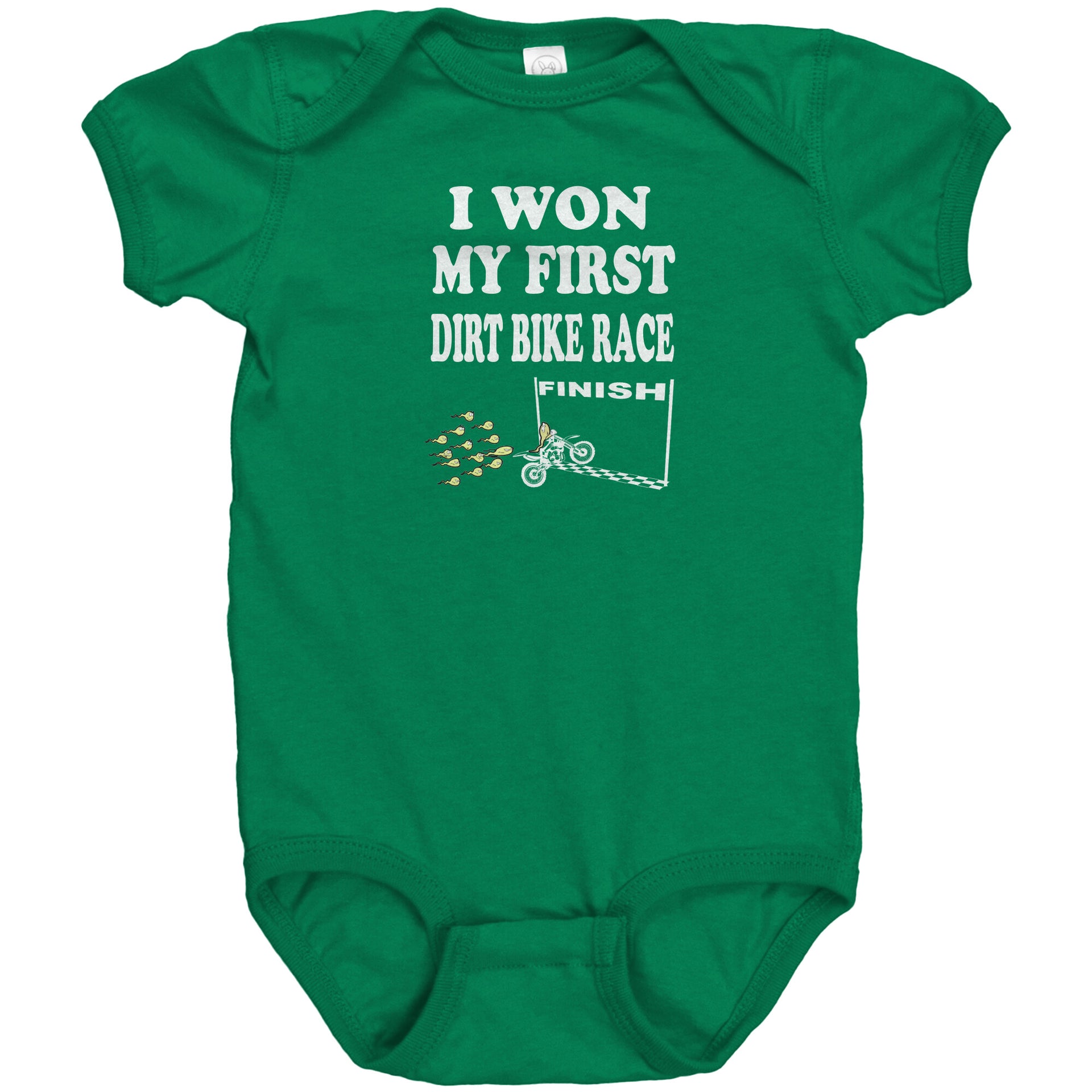 Cute baby onesies and toddler shirts featuring the "I Won My First Dirt Bike Race" graphic, crafted from ultra-soft ringspun cotton for future motocross champions.