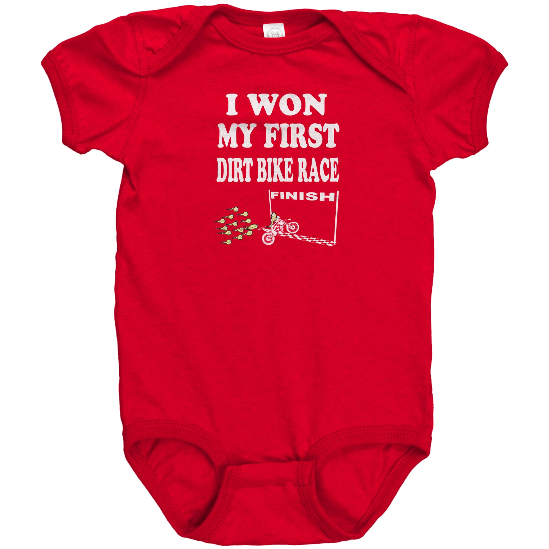 Cute baby onesies and toddler shirts featuring the "I Won My First Dirt Bike Race" graphic, crafted from ultra-soft ringspun cotton for future motocross champions.