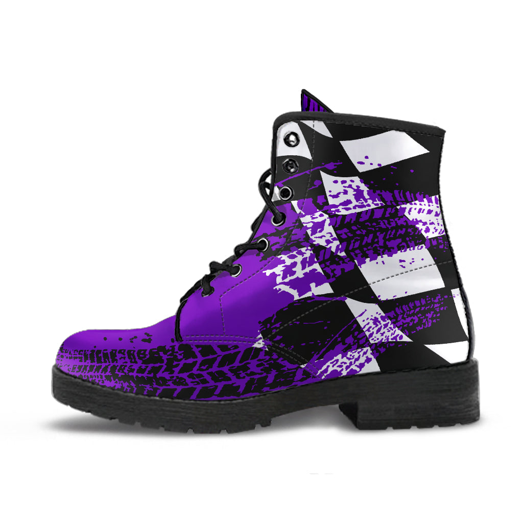 Deep Purple Racing Girl Boots featuring a custom print and a modern lace-up closure.