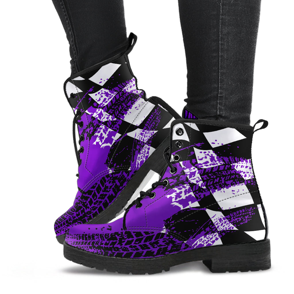 Deep Purple Racing Girl Boots featuring a custom print and a modern lace-up closure.