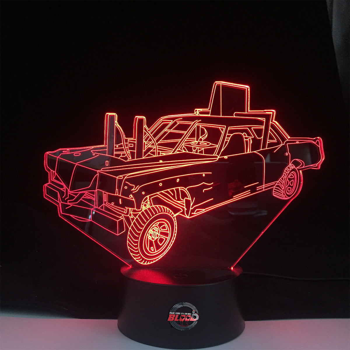 Demolition Derby Caddy 3D LED Lamp featuring a detailed full-size Cadillac derby car silhouette glowing in a vibrant electric blue on a premium black base.