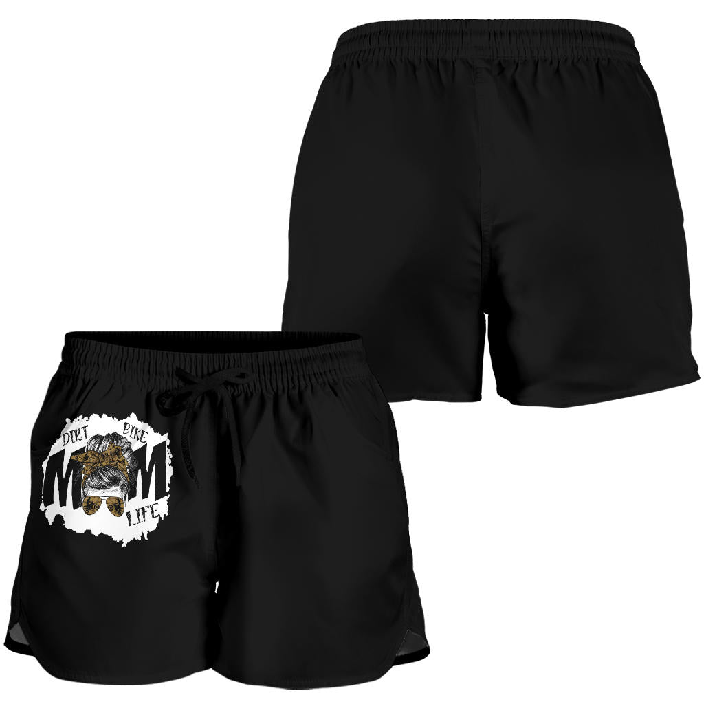 Dirt Bike Mom Life Shorts in a custom-made motocross style featuring moisture-wicking fabric and a comfortable elastic waistband for racing moms and female riders.