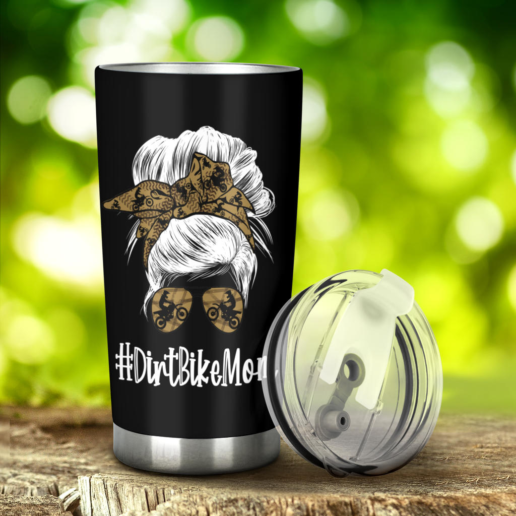 Dirt Bike Mom custom stainless steel tumbler featuring vacuum insulation, a one-press leak-proof lid, and a high-quality motocross racing design.
