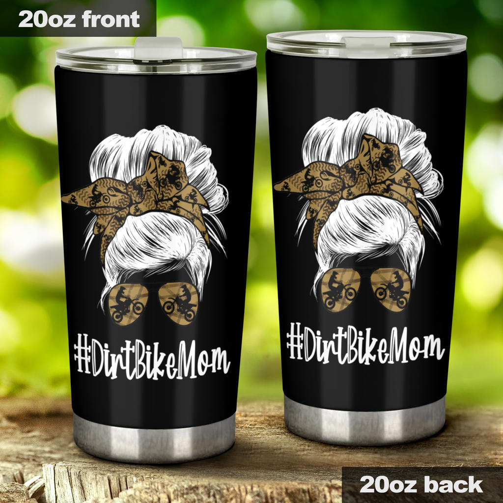 Dirt Bike Mom custom stainless steel tumbler featuring vacuum insulation, a one-press leak-proof lid, and a high-quality motocross racing design.