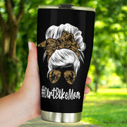 Dirt Bike Mom custom stainless steel tumbler featuring vacuum insulation, a one-press leak-proof lid, and a high-quality motocross racing design.
