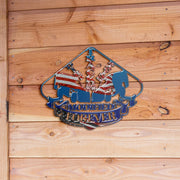 Dirt Modified Forever metal sign with red, white and blue race-car artwork against natural wood planks.