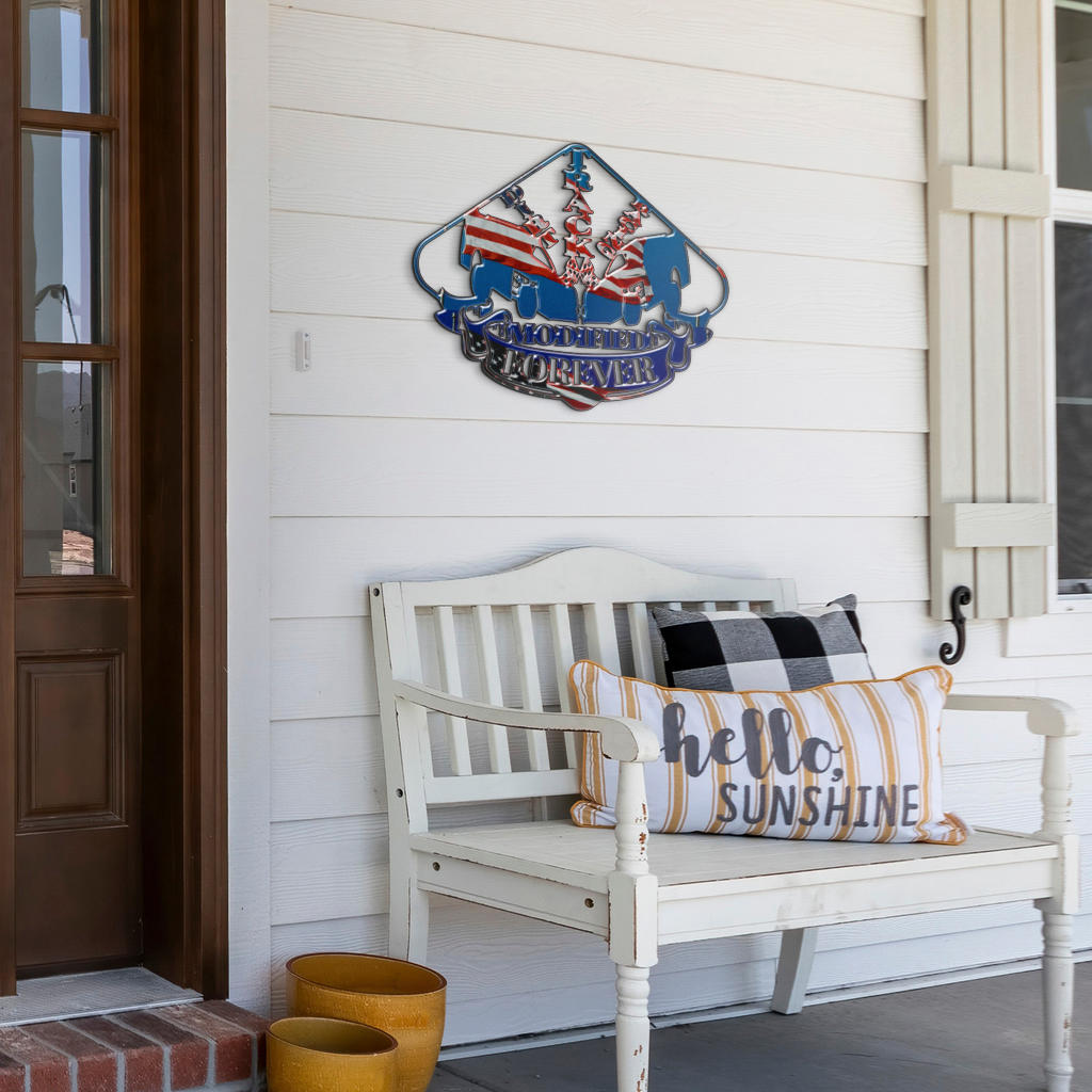 Dirt Modified USA metal sign displayed above a white porch bench with decorative pillows.