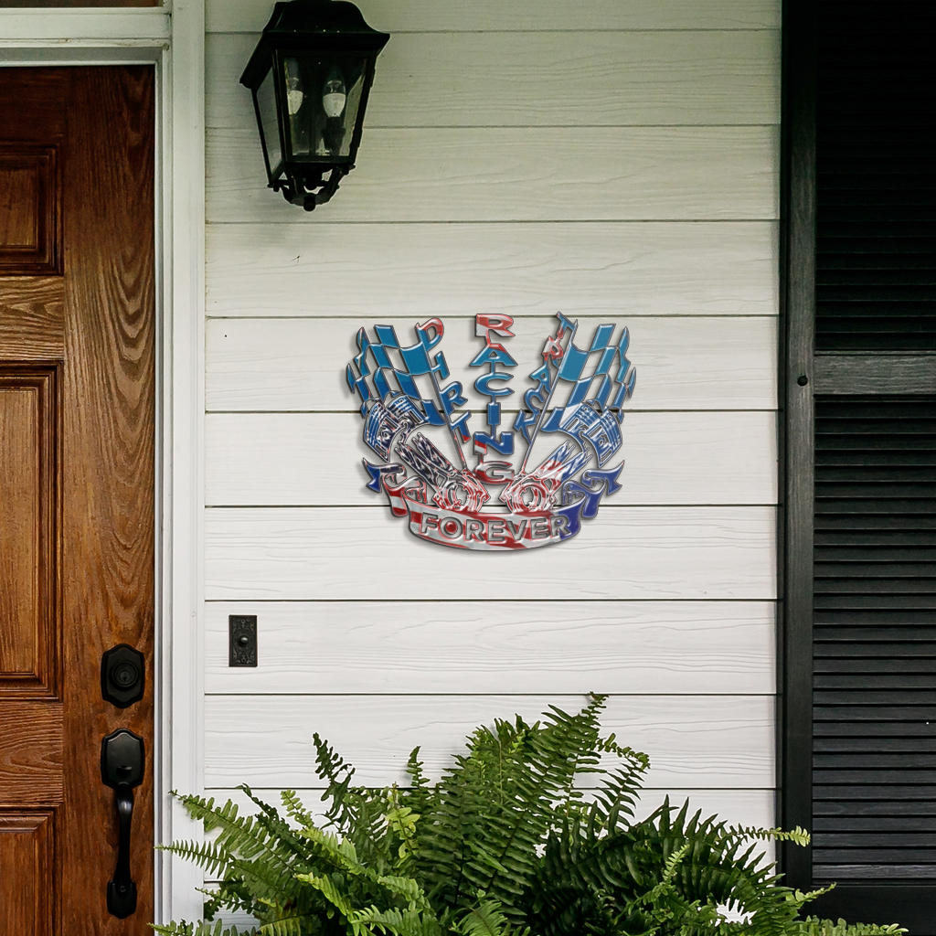 Dirt Track Racing Forever metal sign on white porch siding beside a wooden door and fern.