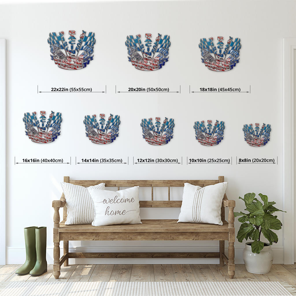 Dirt Track Racing USA metal sign size comparison showing eight options from 8 × 8 to 22 × 22 inches.