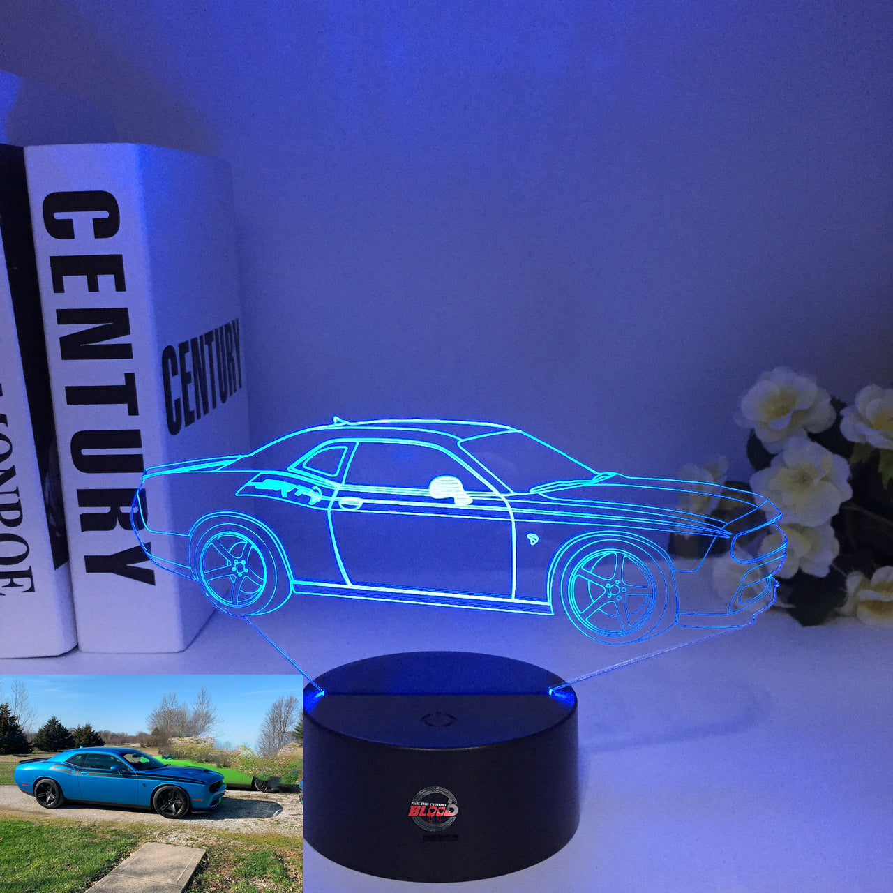 Dodge Challenger SRT Demon 3D LED Illusion Lamp showing the aggressive wide-body silhouette in a vibrant red glow on a premium black base.