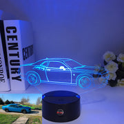 Dodge Challenger SRT Demon 3D LED Illusion Lamp showing the aggressive wide-body silhouette in a vibrant red glow on a premium black base.