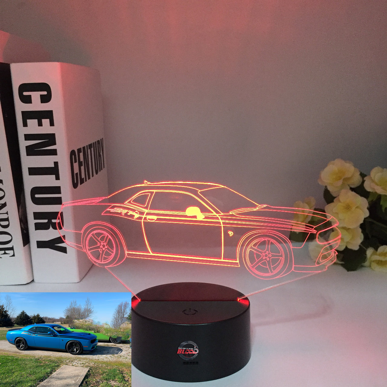 Dodge Challenger SRT Demon 3D LED Illusion Lamp showing the aggressive wide-body silhouette in a vibrant red glow on a premium black base.