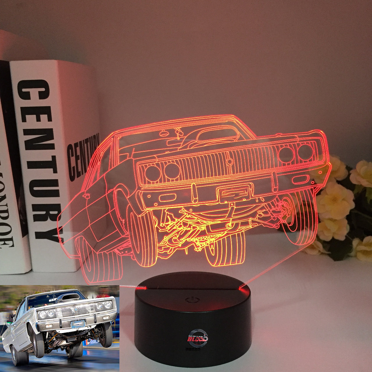 Dodge Coronet 3D LED Illusion Lamp displaying the classic muscle car silhouette in a vibrant blue glow on a premium black base.