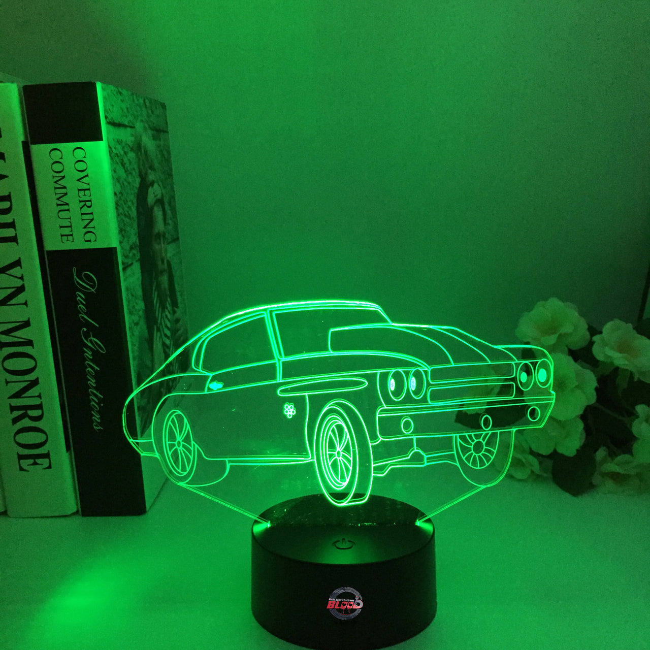 Drag Racing Chevy Chevelle 3D LED Illusion Lamp showing the iconic muscle car silhouette in a vibrant orange glow on a premium black base.