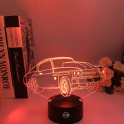 Drag Racing Chevy Chevelle 3D LED Illusion Lamp showing the iconic muscle car silhouette in a vibrant orange glow on a premium black base.