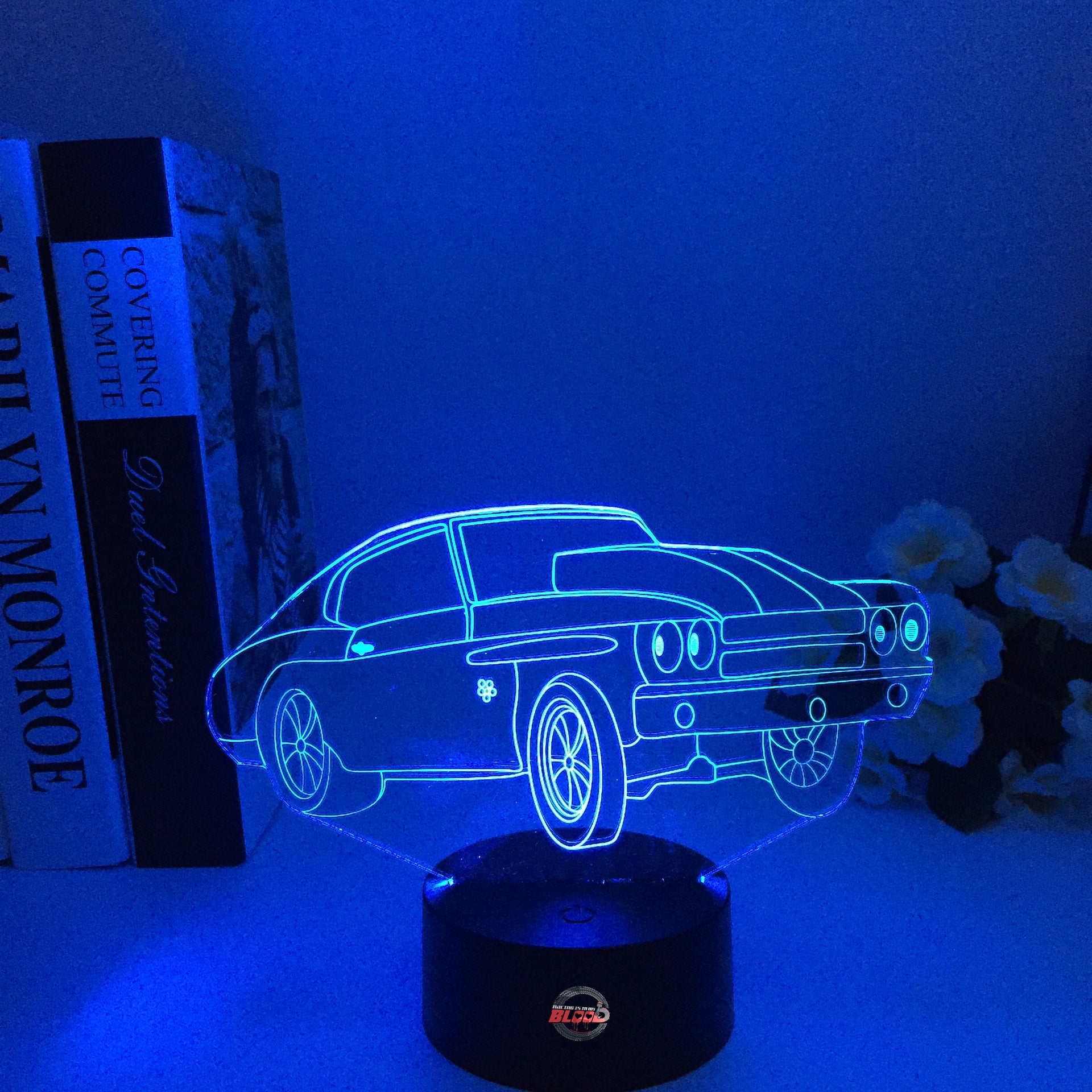 Drag Racing Chevy Chevelle 3D LED Illusion Lamp showing the iconic muscle car silhouette in a vibrant orange glow on a premium black base.