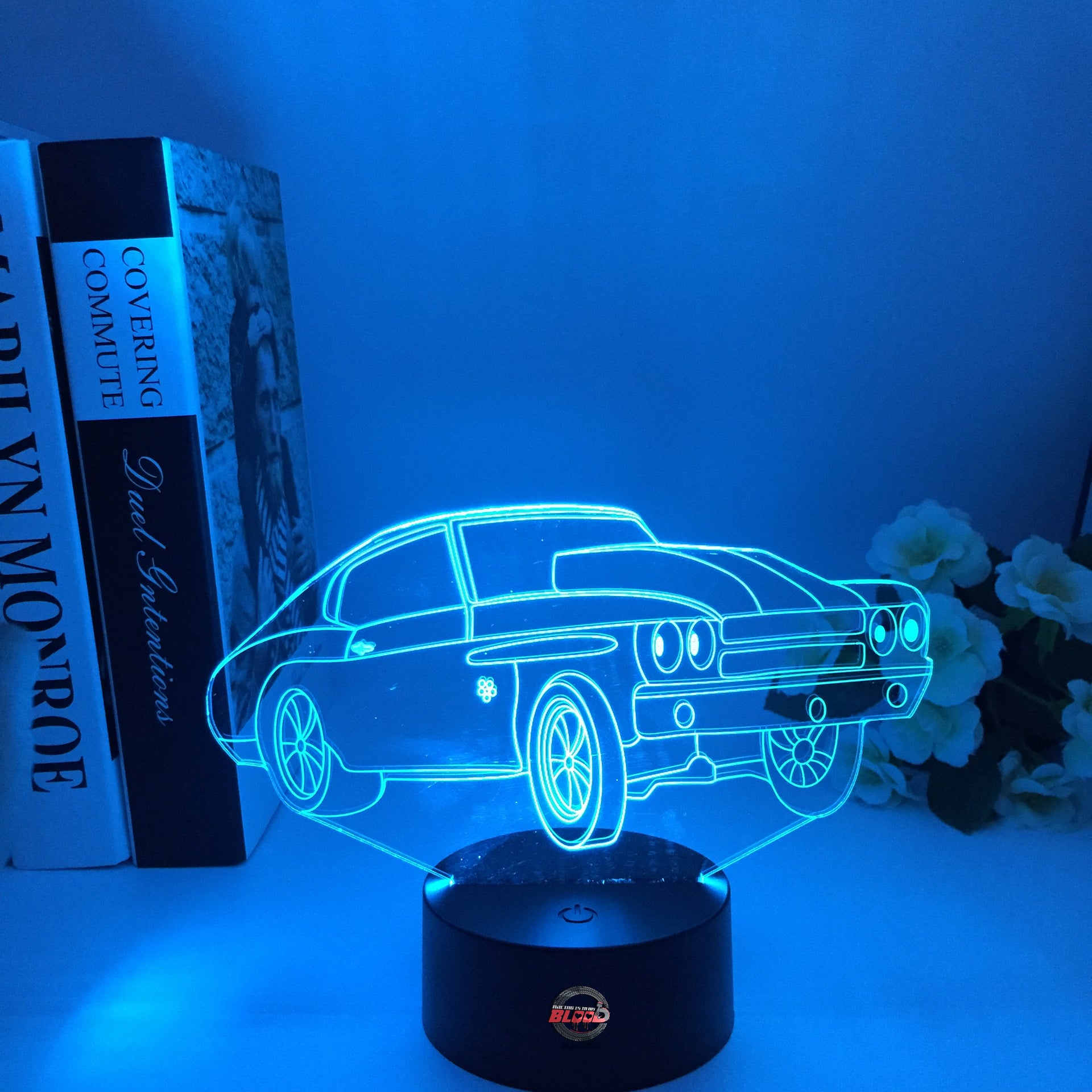 Drag Racing Chevy Chevelle 3D LED Illusion Lamp showing the iconic muscle car silhouette in a vibrant orange glow on a premium black base.