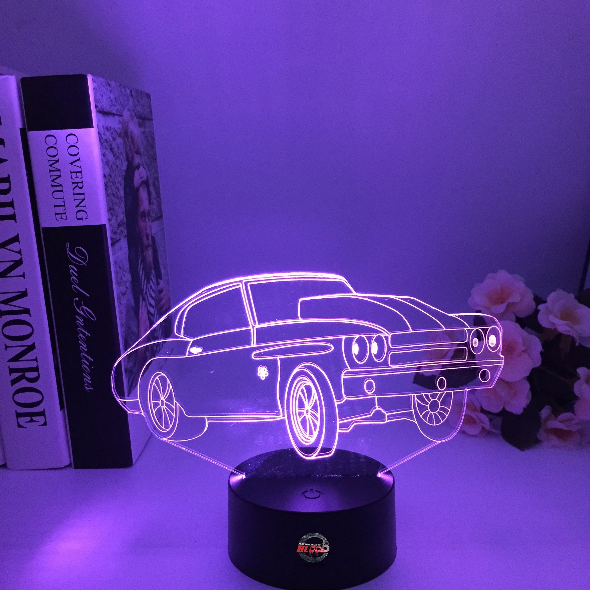Drag Racing Chevy Chevelle 3D LED Illusion Lamp showing the iconic muscle car silhouette in a vibrant orange glow on a premium black base.