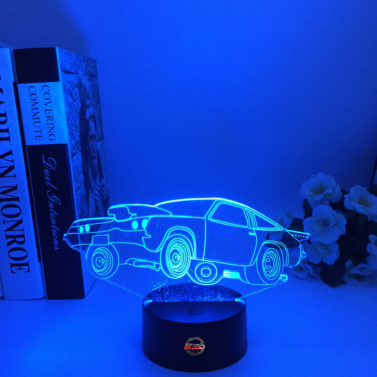 Drag Racing Chevy Monza 3D LED Illusion Lamp showing the aggressive racing silhouette in a vibrant purple glow on a premium black base.