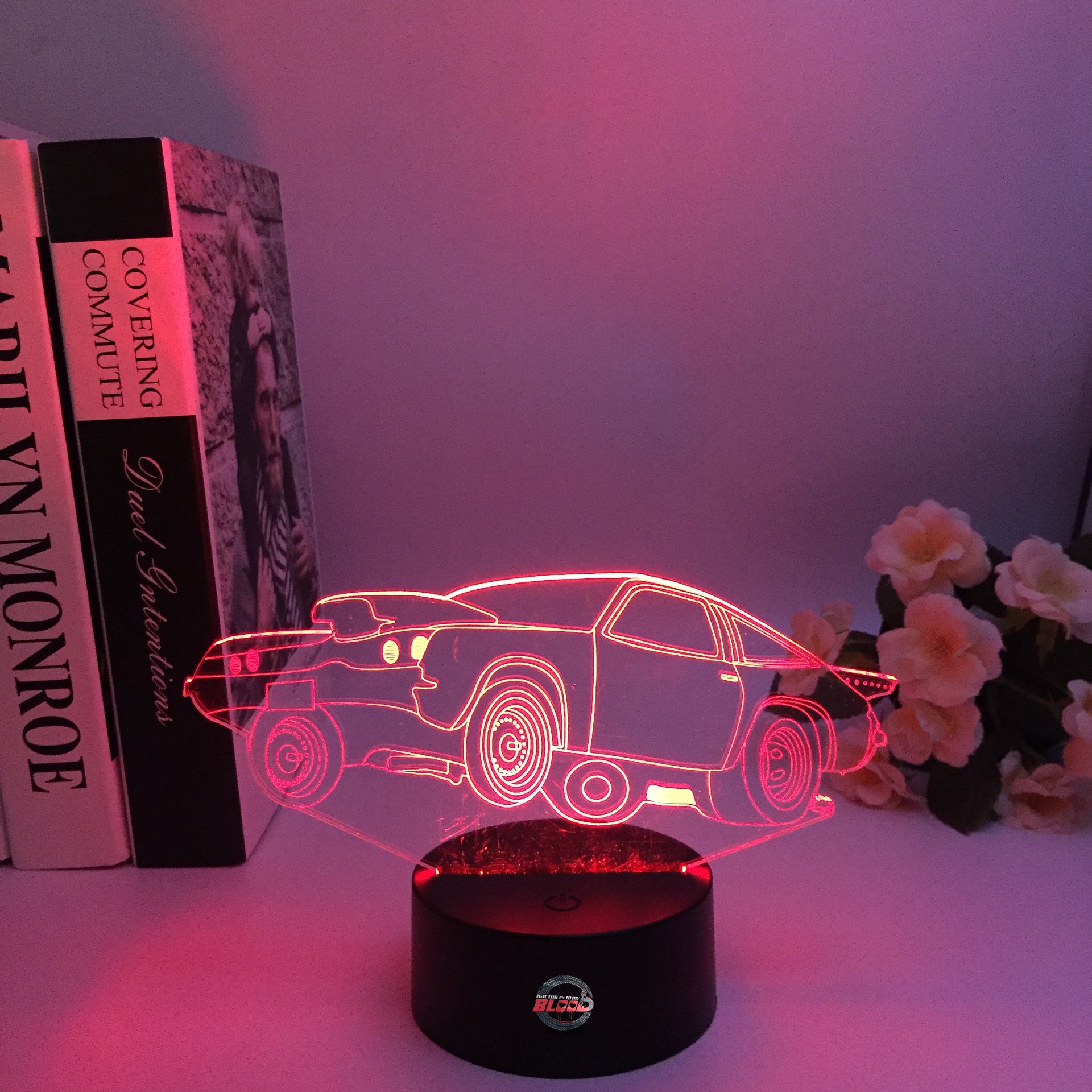 Drag Racing Chevy Monza 3D LED Illusion Lamp showing the aggressive racing silhouette in a vibrant purple glow on a premium black base.