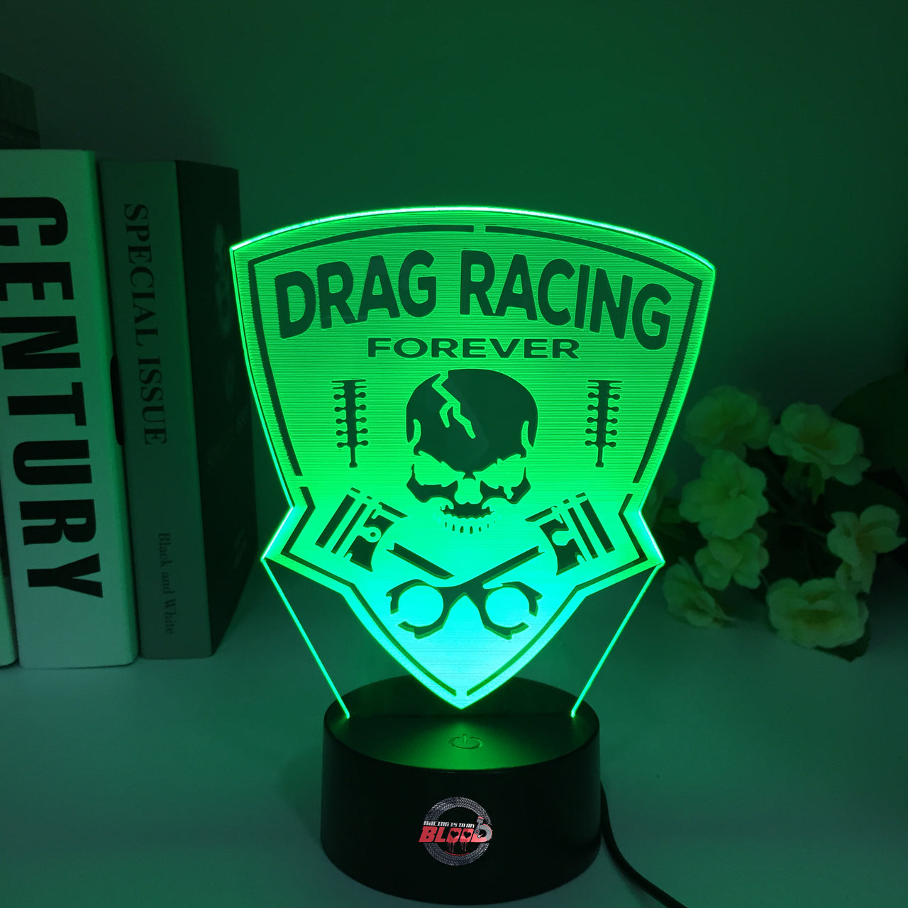 Drag Racing Forever 3D LED Illusion Lamp showing a racing silhouette in a vibrant white glow on a premium black base.
