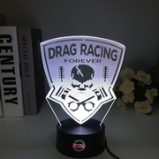 Drag Racing Forever 3D LED Illusion Lamp showing a racing silhouette in a vibrant white glow on a premium black base.