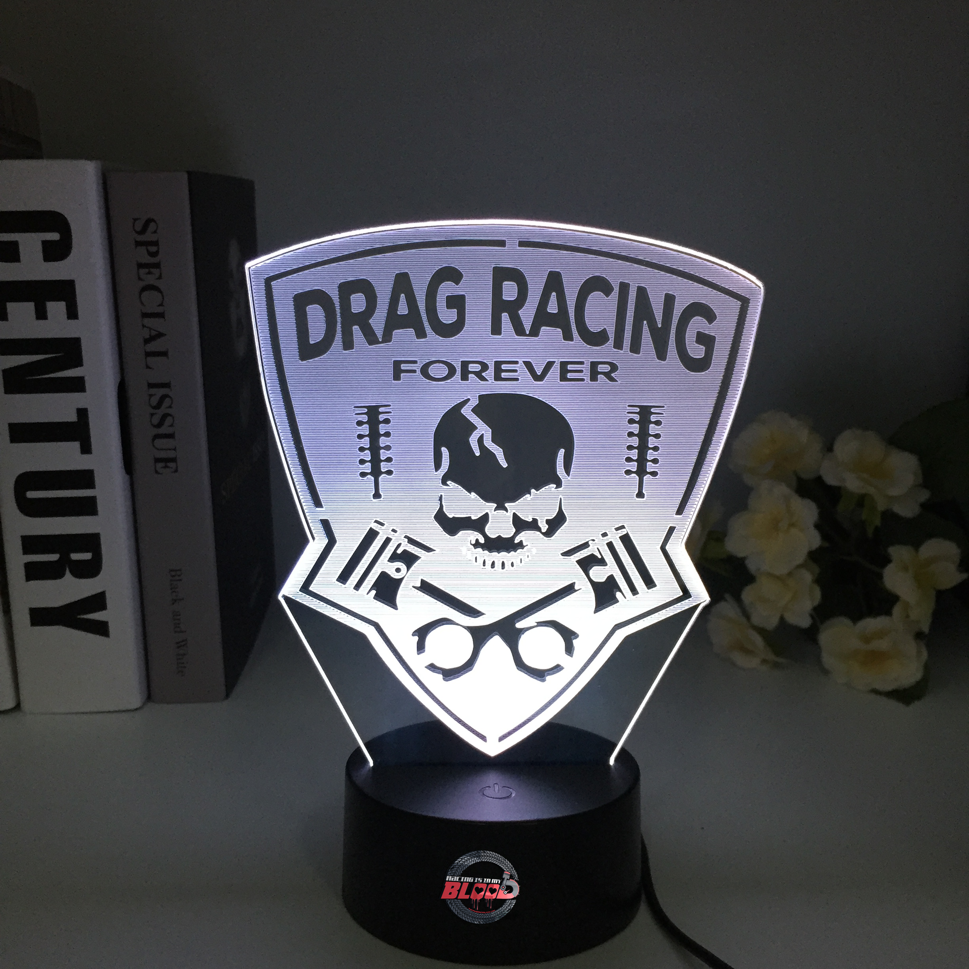 Drag Racing Forever 3D LED Illusion Lamp showing a racing silhouette in a vibrant white glow on a premium black base.