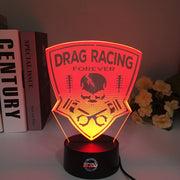 Drag Racing Forever 3D LED Illusion Lamp showing a racing silhouette in a vibrant white glow on a premium black base.