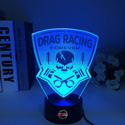 Drag Racing Forever 3D LED Illusion Lamp showing a racing silhouette in a vibrant white glow on a premium black base.