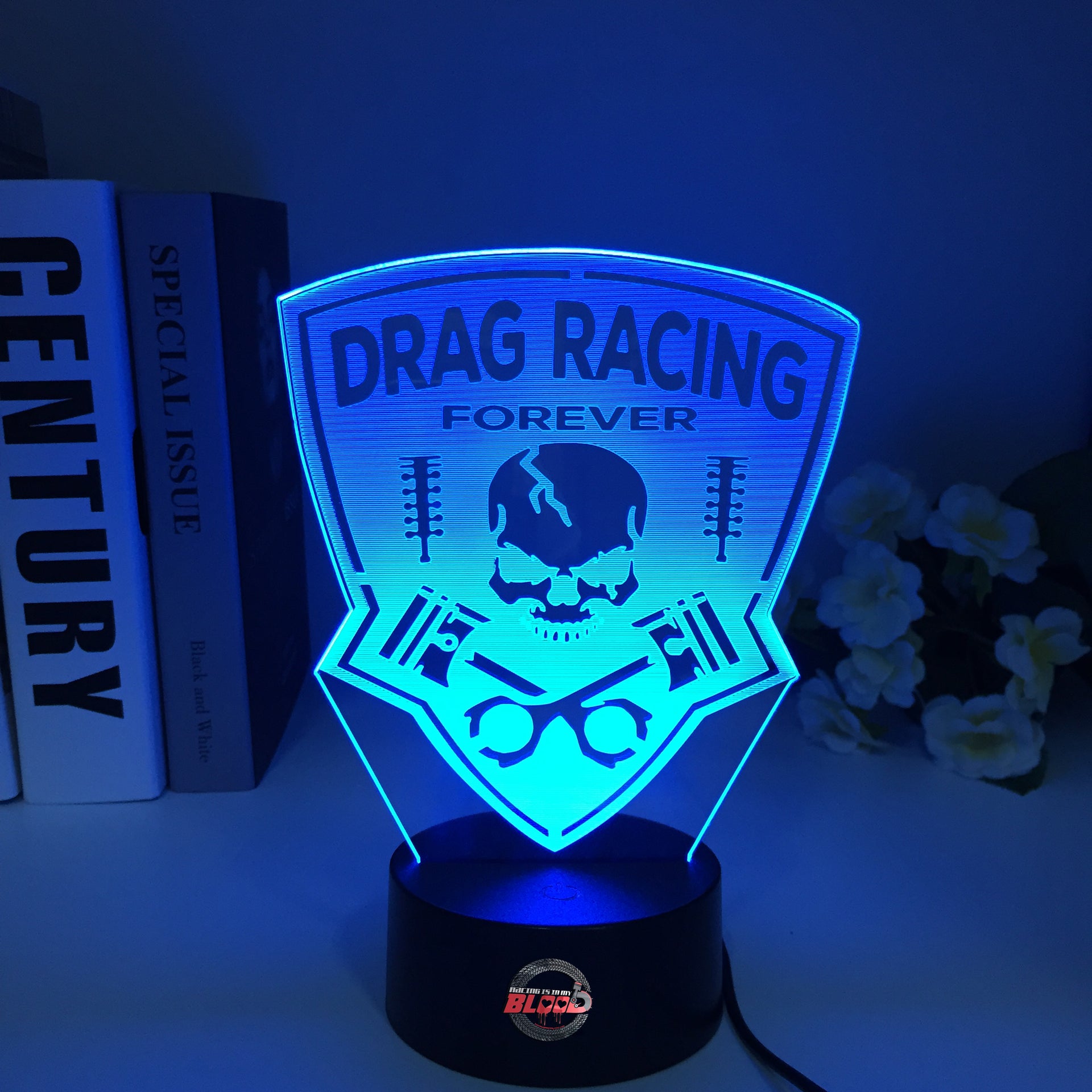 Drag Racing Forever 3D LED Illusion Lamp showing a racing silhouette in a vibrant white glow on a premium black base.