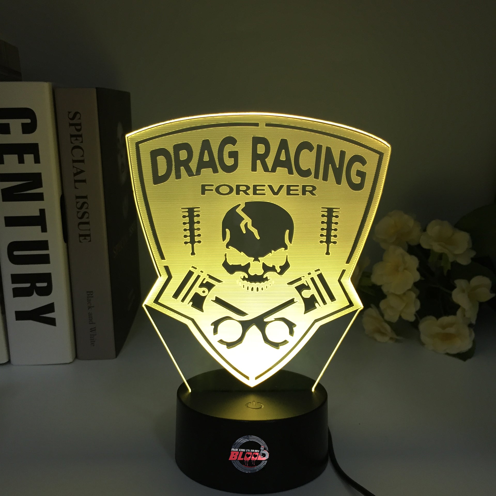 Drag Racing Forever 3D LED Illusion Lamp showing a racing silhouette in a vibrant white glow on a premium black base.