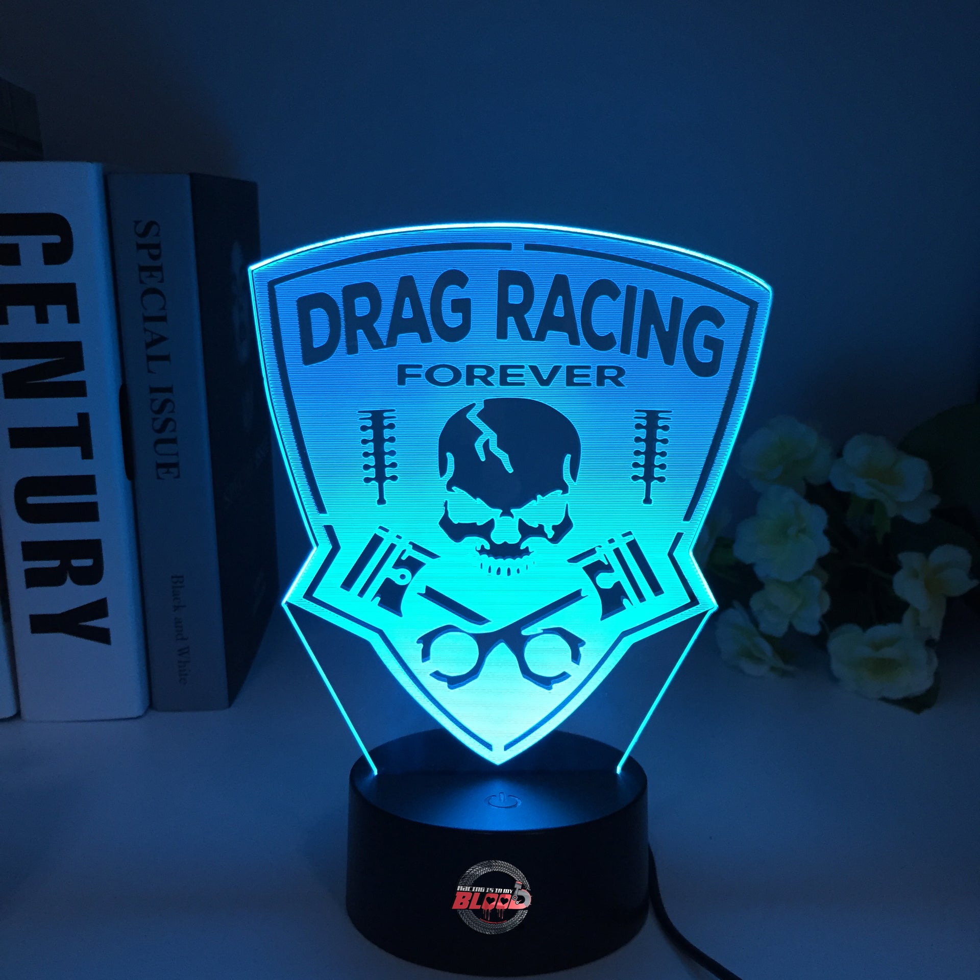 Drag Racing Forever 3D LED Illusion Lamp showing a racing silhouette in a vibrant white glow on a premium black base.