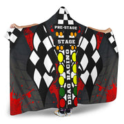 Hooded blanket with drag racing design featuring checkered flags and colorful text.