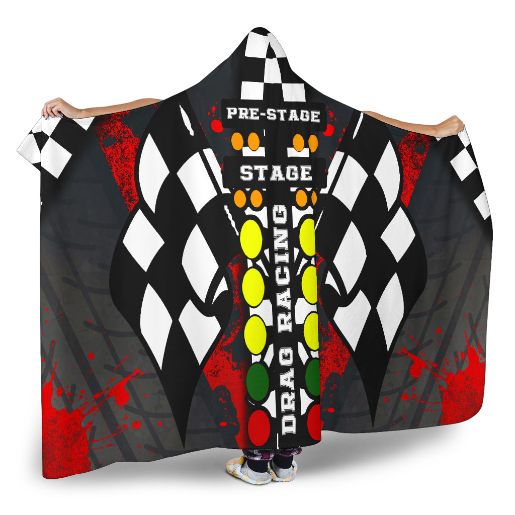 Hooded blanket with drag racing design featuring checkered flags and colorful text.