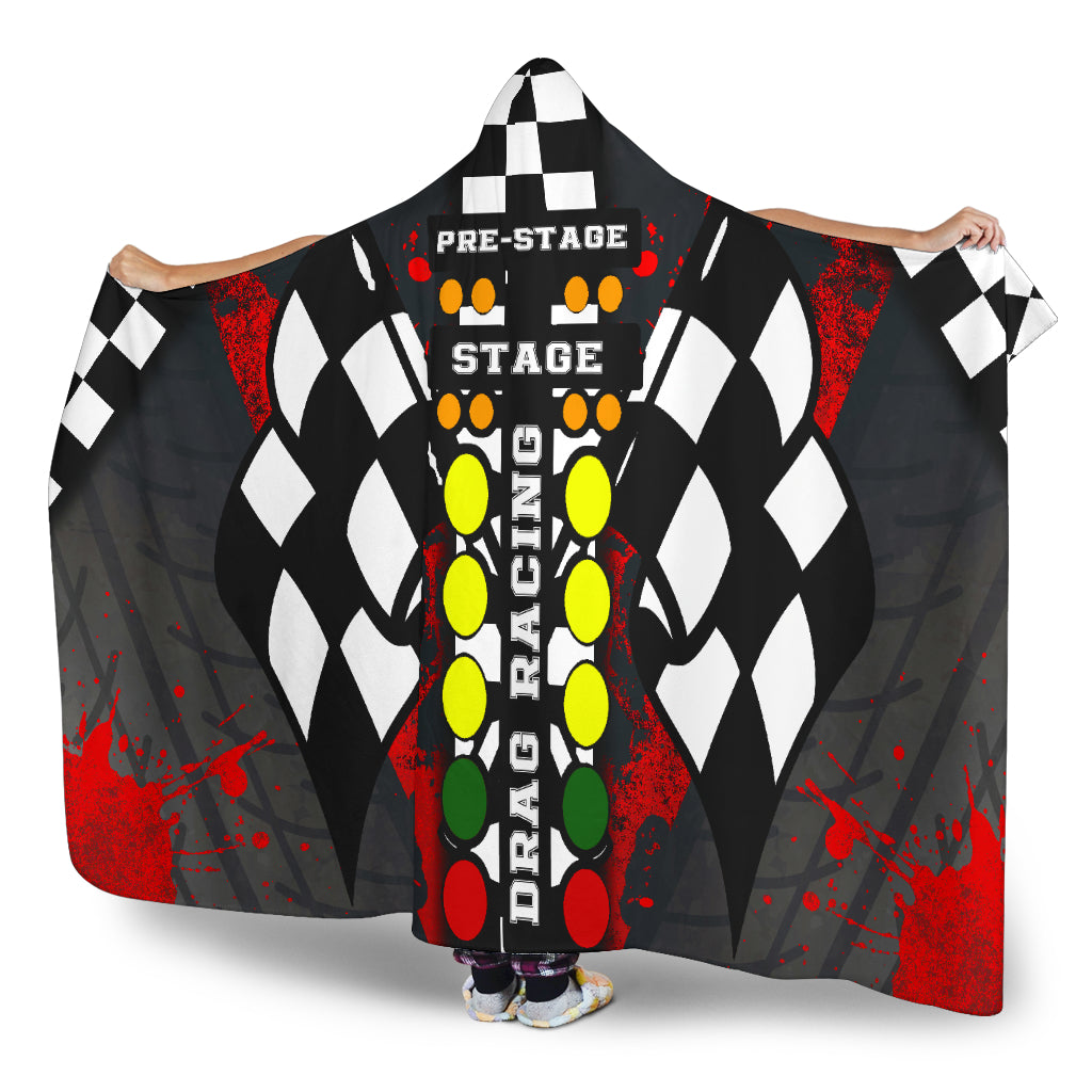 Hooded blanket with drag racing design featuring checkered flags and colorful text.
